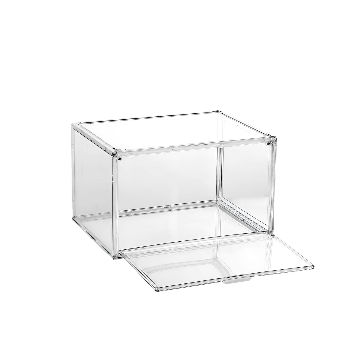 Large transparent acrylic shoe storage box with magnetic side door lid for footwear organisation