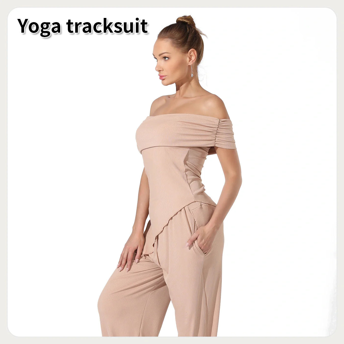 Elegant off-shoulder jumpsuits in various solid colours, including coffee, gray, and light khaki, showcasing a sleek and sophisticated design for the modern British woman.