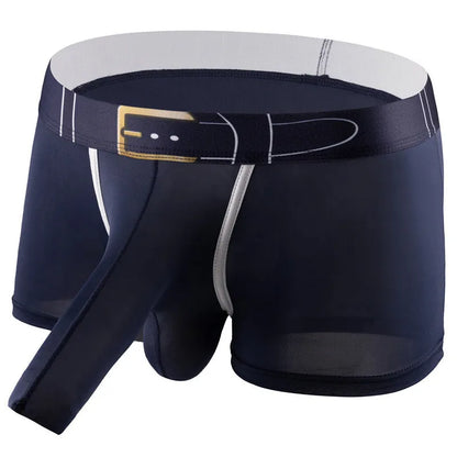 Men's solid colour Ice Silk boxers in black, shown laid flat, with a mid waist design.
