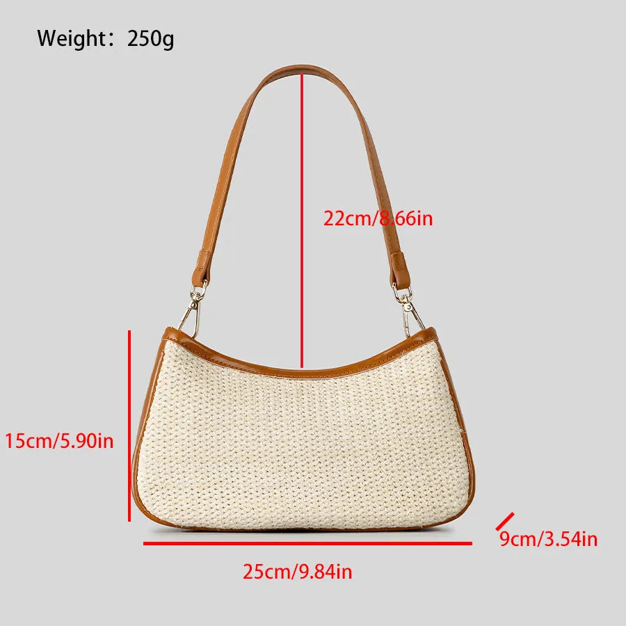 Khaki hand-woven straw crossbody bag made from PP grass with a single shoulder strap.