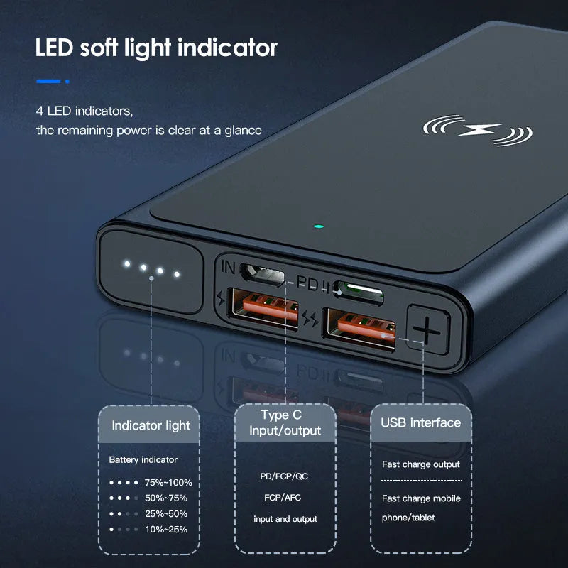Black and blue alloy 10000mAh power bank with wireless charging surface and integrated plug.