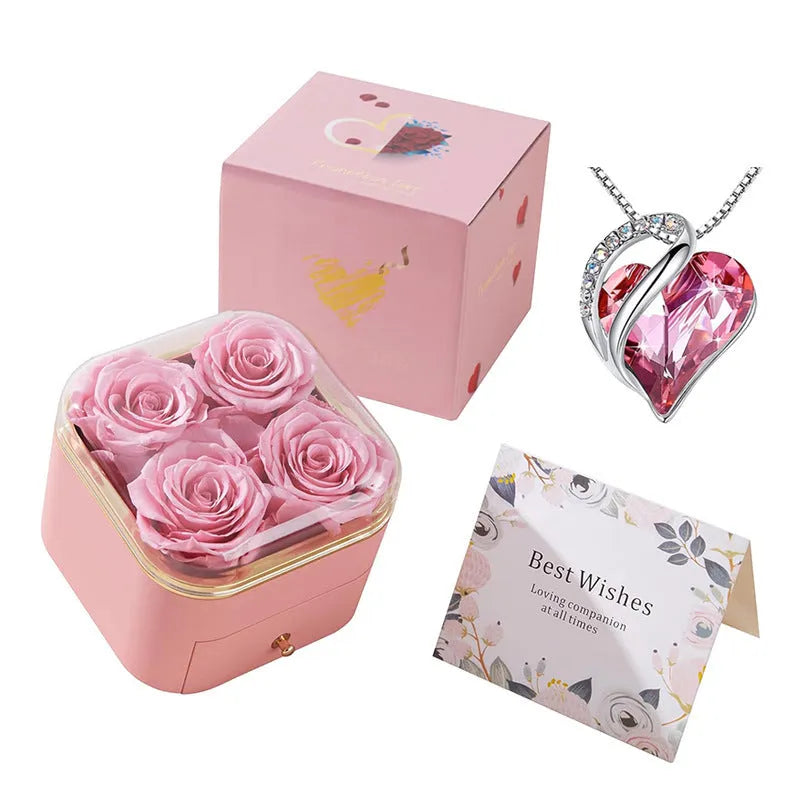 Valentine's Day rose flower drawer jewellery box with preserved eternal flowers and love crystal necklace gift set