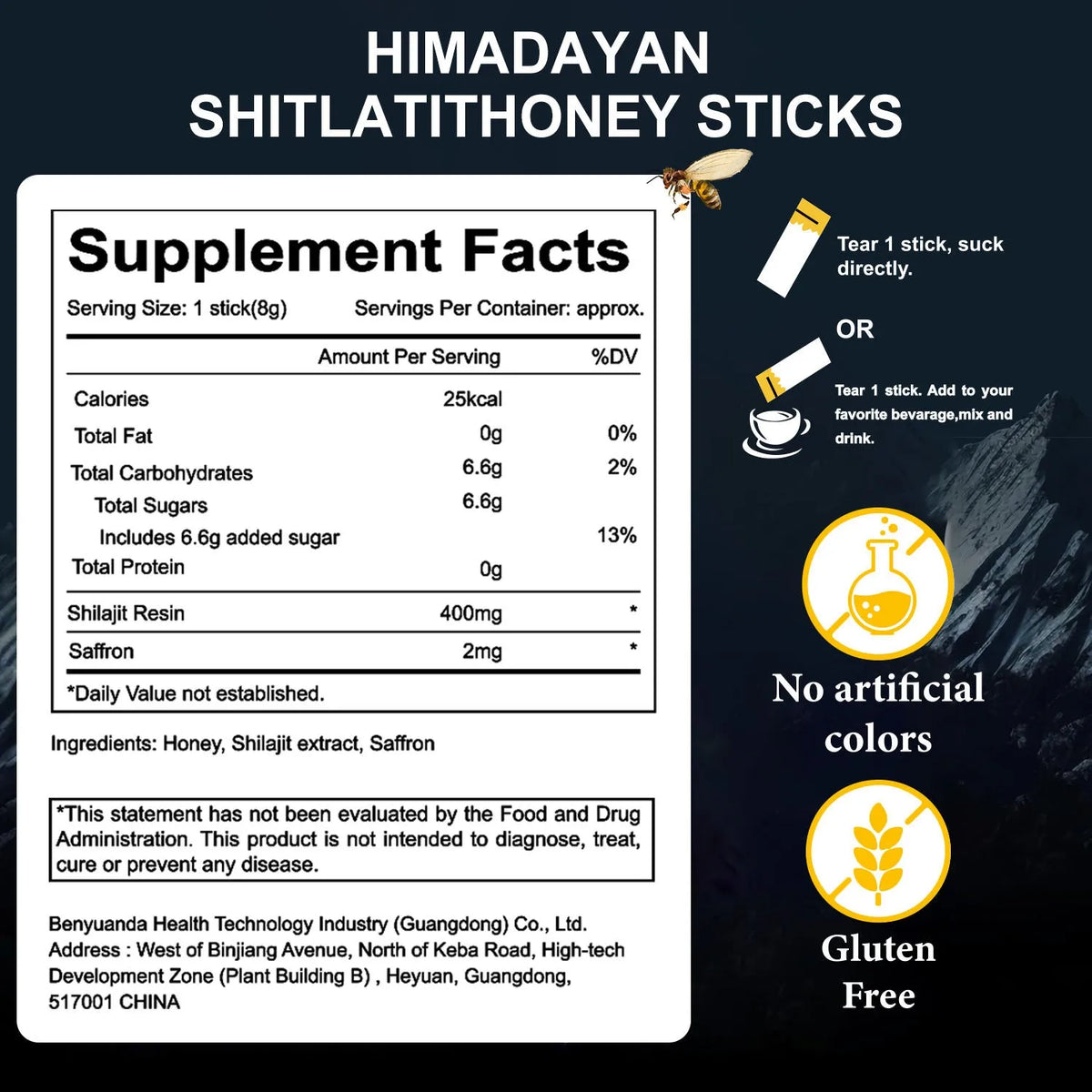 Box of 30 Himalayan Shilajit honey sticks, each 8g with Shilajit resin 400mg and saffron 2mg