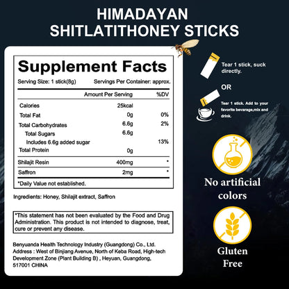 Box of 30 Himalayan Shilajit honey sticks, each 8g with Shilajit resin 400mg and saffron 2mg
