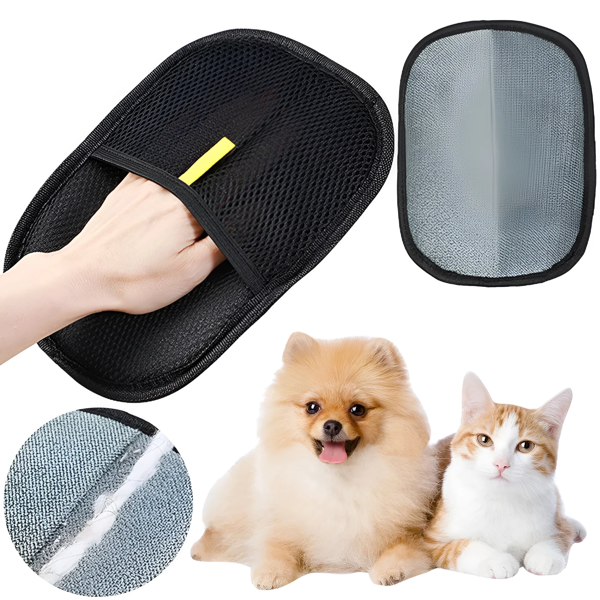 Black pet hair removal gloves with dual-sided silicone brush design for dog cat rabbit grooming