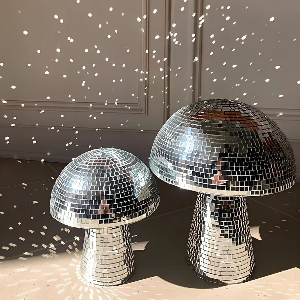 Handmade mirror glass mushroom ornament with geometric brick pattern in silver, gold, or rose gold