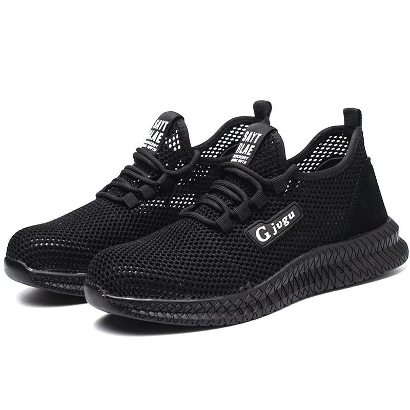 Men's low-top black work shoe with Flyknit upper and steel toe cap on a grey background
