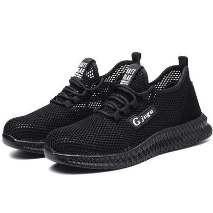 Men's low-top black work shoe with Flyknit upper and steel toe cap on a grey background