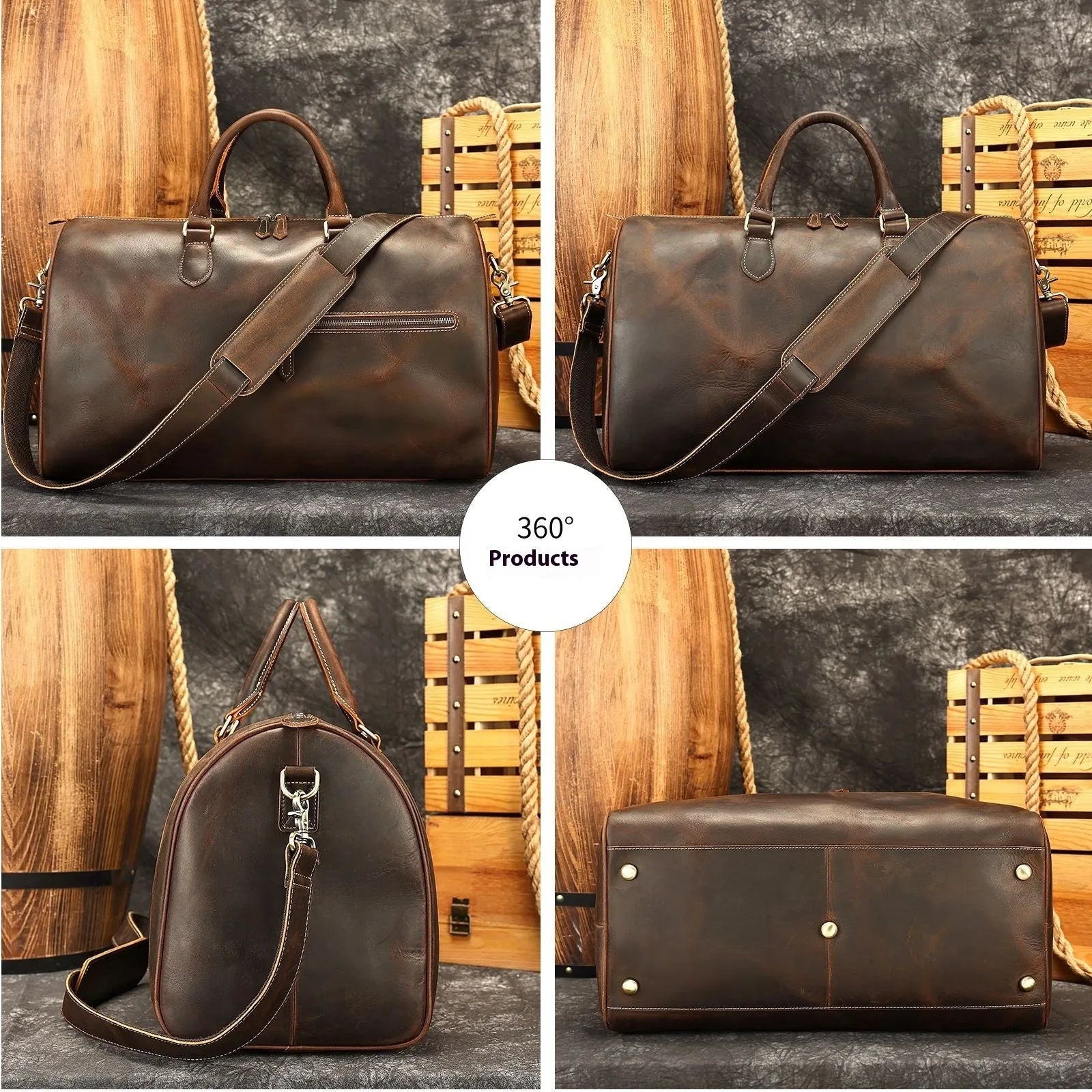 Men's vintage-style genuine leather crossbody bag in black, shown with spacious main compartment.