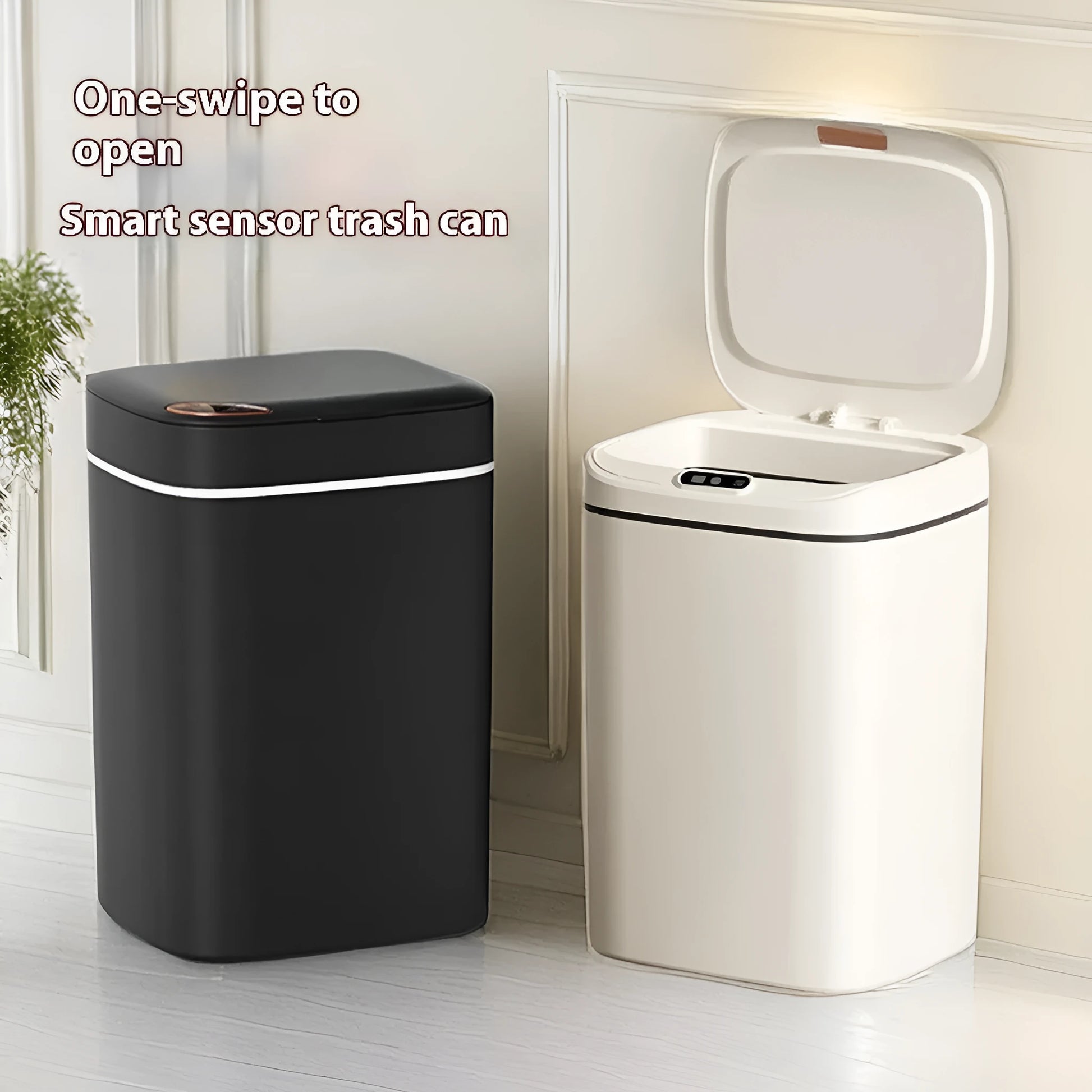 Square automatic induction garbage bin with sensor opening lid in milky white colour variant
