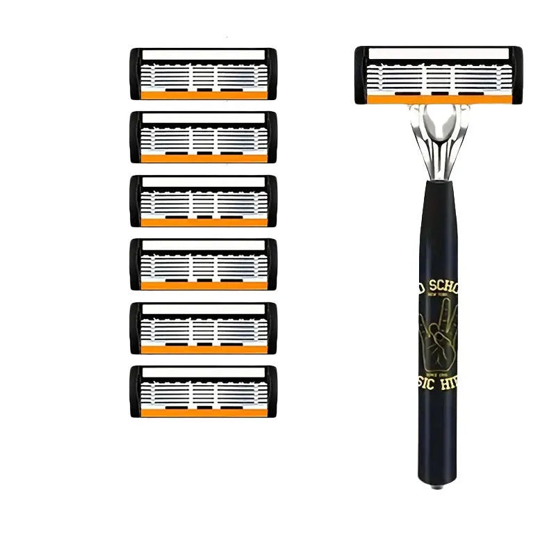 Black manual shaver finger handle with six-layer blade design showing multiple blade configurations