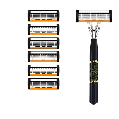 Black manual shaver finger handle with six-layer blade design showing multiple blade configurations