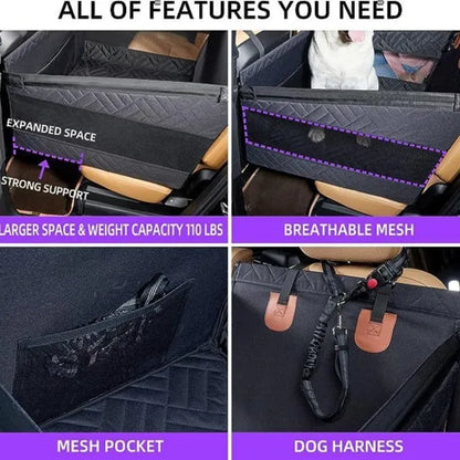 Grey water resistant rectangular dog bed with raised sides on a car back seat.
