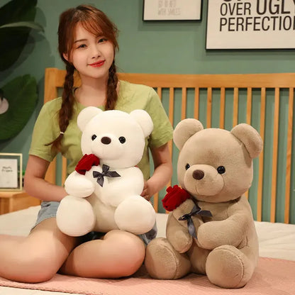 Rose bear plush stuffed animal pillow in beige, brown, or grey colours with soft short plush material