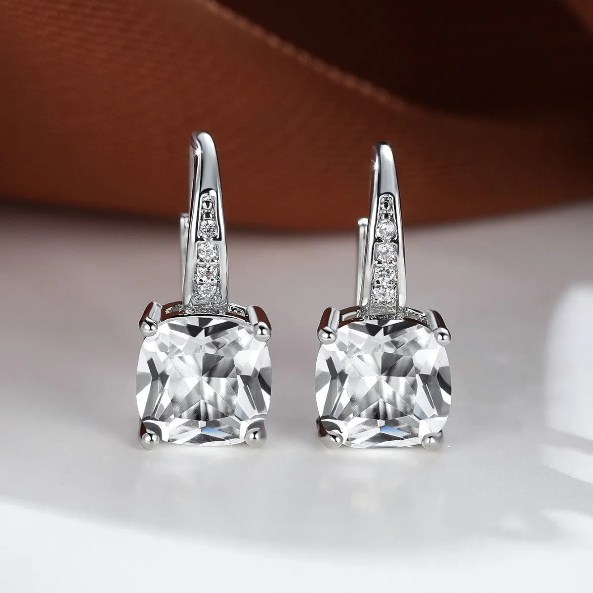 Square zircon inlaid geometric ear hooks in Korean style with electroplated finish