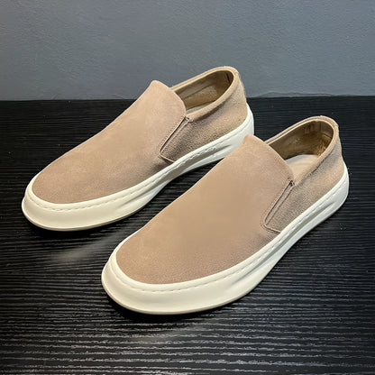 Men's grey and apricot casual shoes with mid heel, round toe, and sleeve-on design