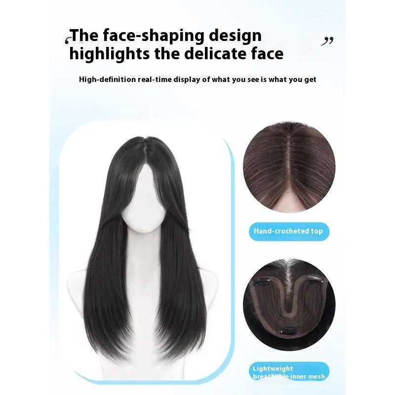 Brown black women's full-head wig with Chinese character bangs, made from high temperature artificial fibre.
