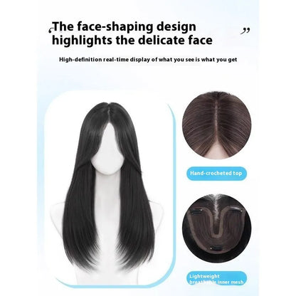Brown black women's full-head wig with Chinese character bangs, made from high temperature artificial fibre.
