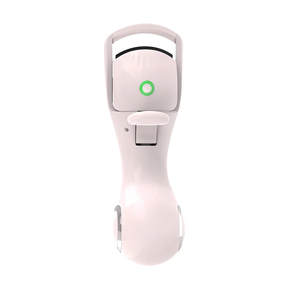 Pink and white electric eyelash curler with USB charging cable and temperature control settings