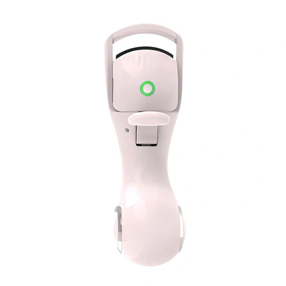 Pink and white electric eyelash curler with USB charging cable and temperature control settings