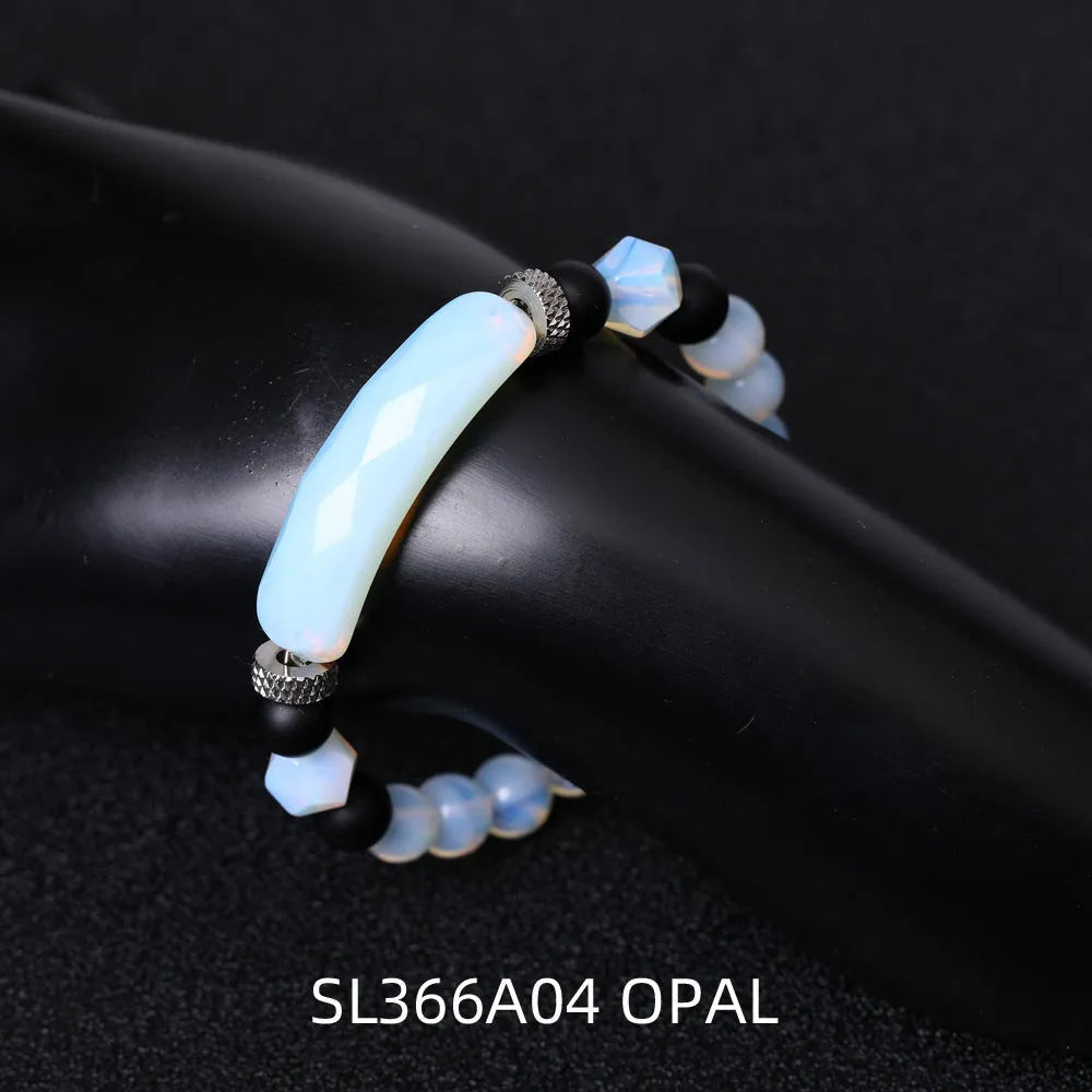 Handmade diamond-shaped cut black agate geometric bracelet showing fan-shaped bead arrangement.
