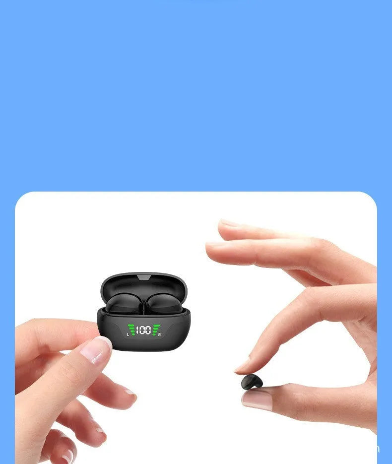 Black Super Mini wireless Bluetooth in-ear headset with digital display screen.