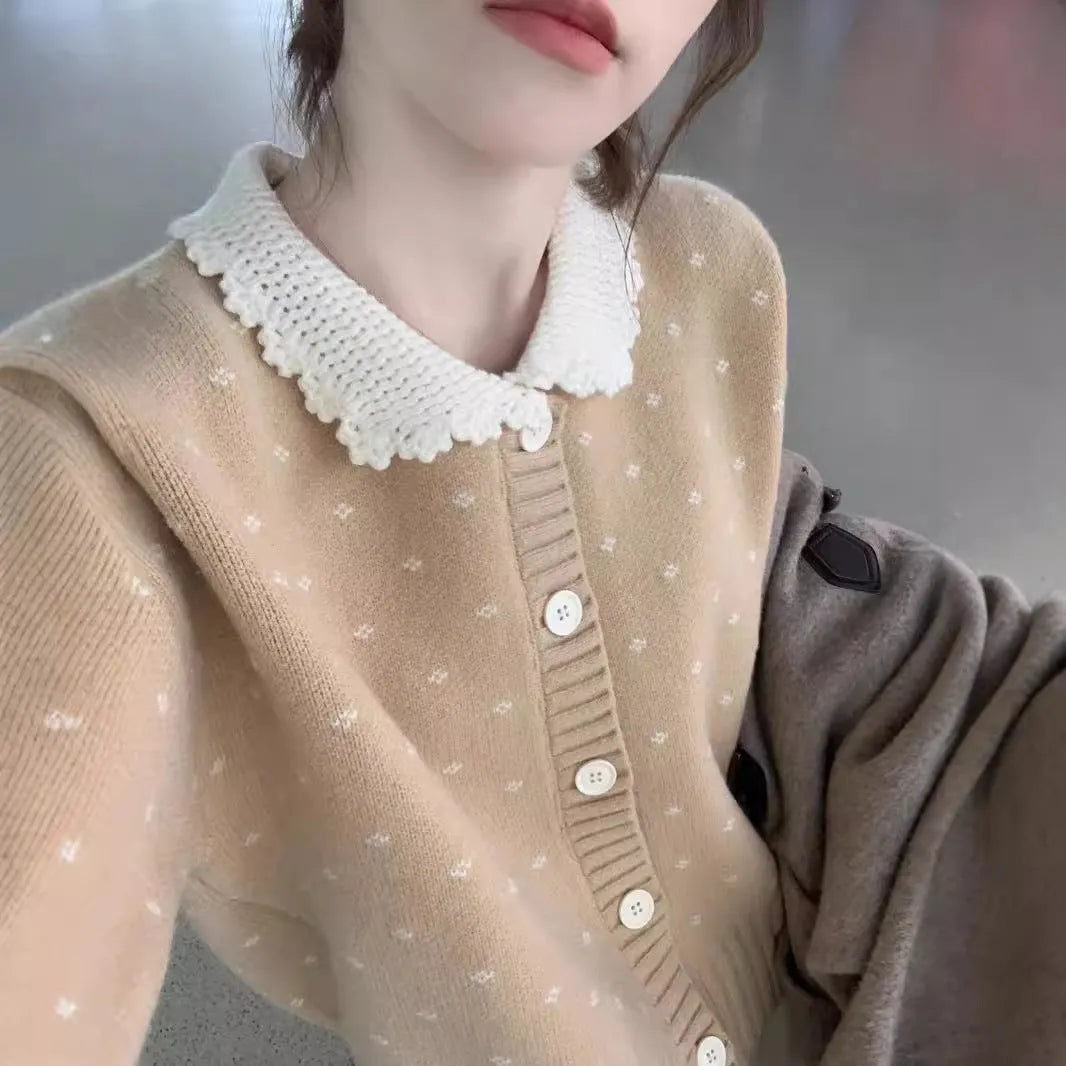 Women's floral pattern knit cardigan with Peter Pan collar in navy blue colour