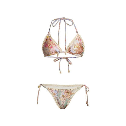 Women's creamy-white floral bikini suit with detachable skirt for beach and water sports