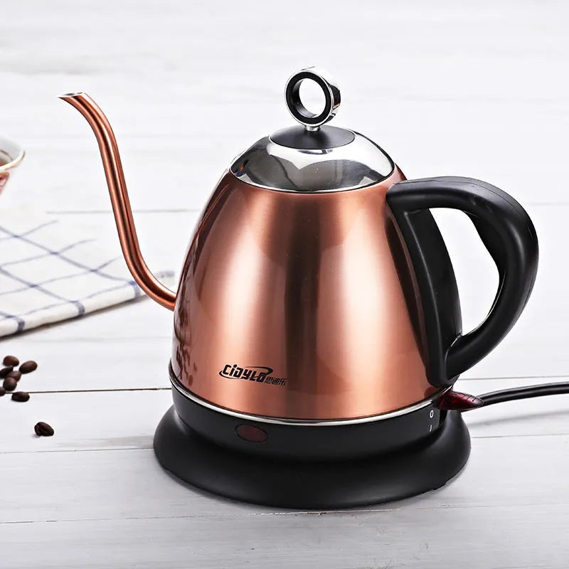 Full-automatic constant temperature mute kettle with 1L stainless steel capacity, touch operation chassis heating for coffee making, available in white, yellow or gold colour, automatic power off function for 1-2 person use