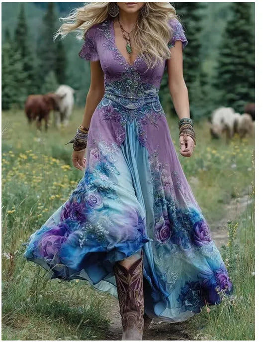 Women's loose fit deep V-neck short sleeve dress with creative pattern totem design in artistic retro style
