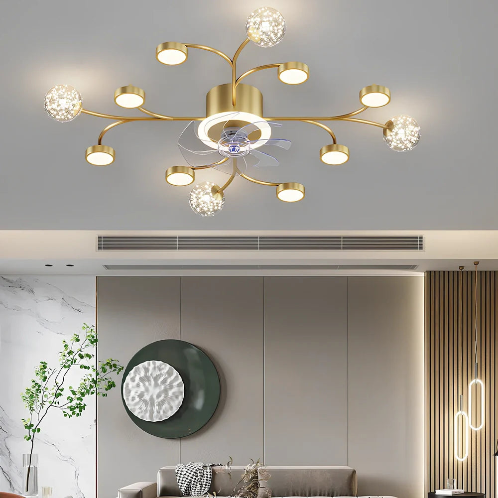 Modern ceiling fan lamp with circular PMMA shade and remote control in black or gold finish
