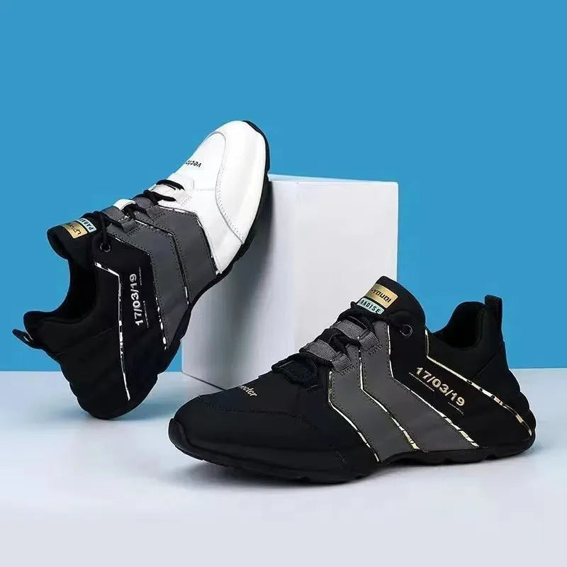Casual sneakers with injection moulded plastic sole, lightweight mesh lining for breathability, low-top round toe lace-up design available in black and grey, white, grey, and black colour options in sizes 39 to 44.