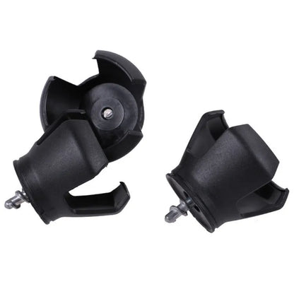 Black golf ball picking device clip shown on a golf bag strap.