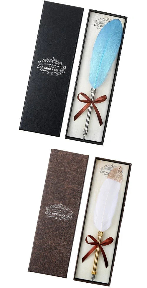 Elegant retro feather pen in a luxury gift box, featuring a sleek stainless steel casing and a stunning array of authentic feather designs.