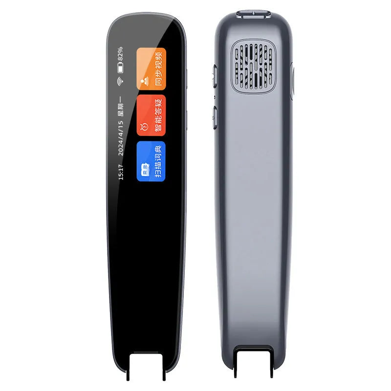Dark grey offline scan translation pen with a scanning tip on a textbook.