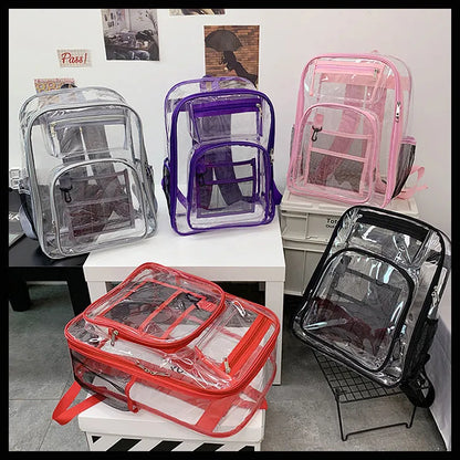 Transparent PVC waterproof backpack with a coloured inner voile bag, shown in various colours.