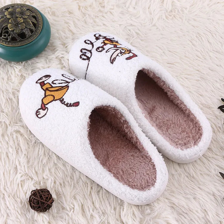 Warm Non Slip Fluffy Slippers with Cartoon Pattern and Rubber Sole, Artificial Wool Lined Toe Holder Style in White for Indoor Comfort and Breathability