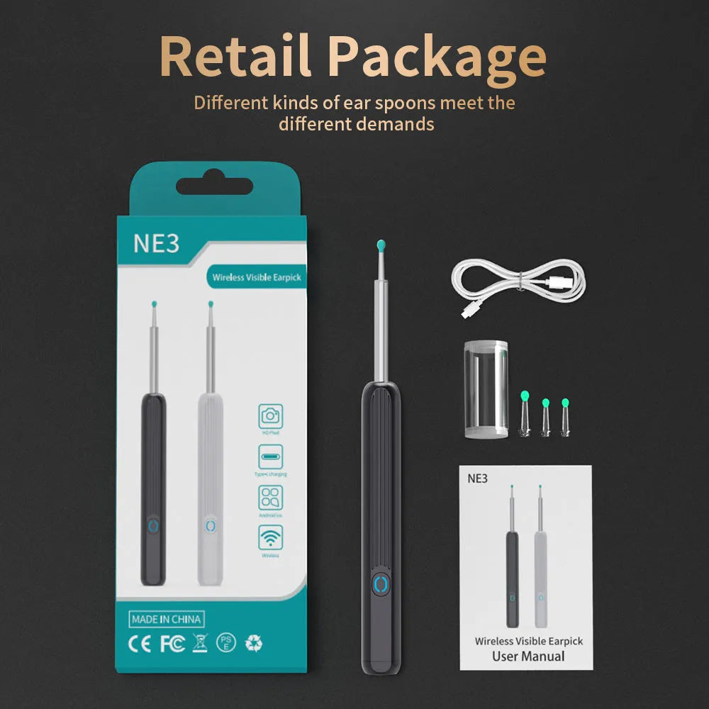 NE3 wireless otoscope ear cleaning kit with camera, LED light, and spoon heads