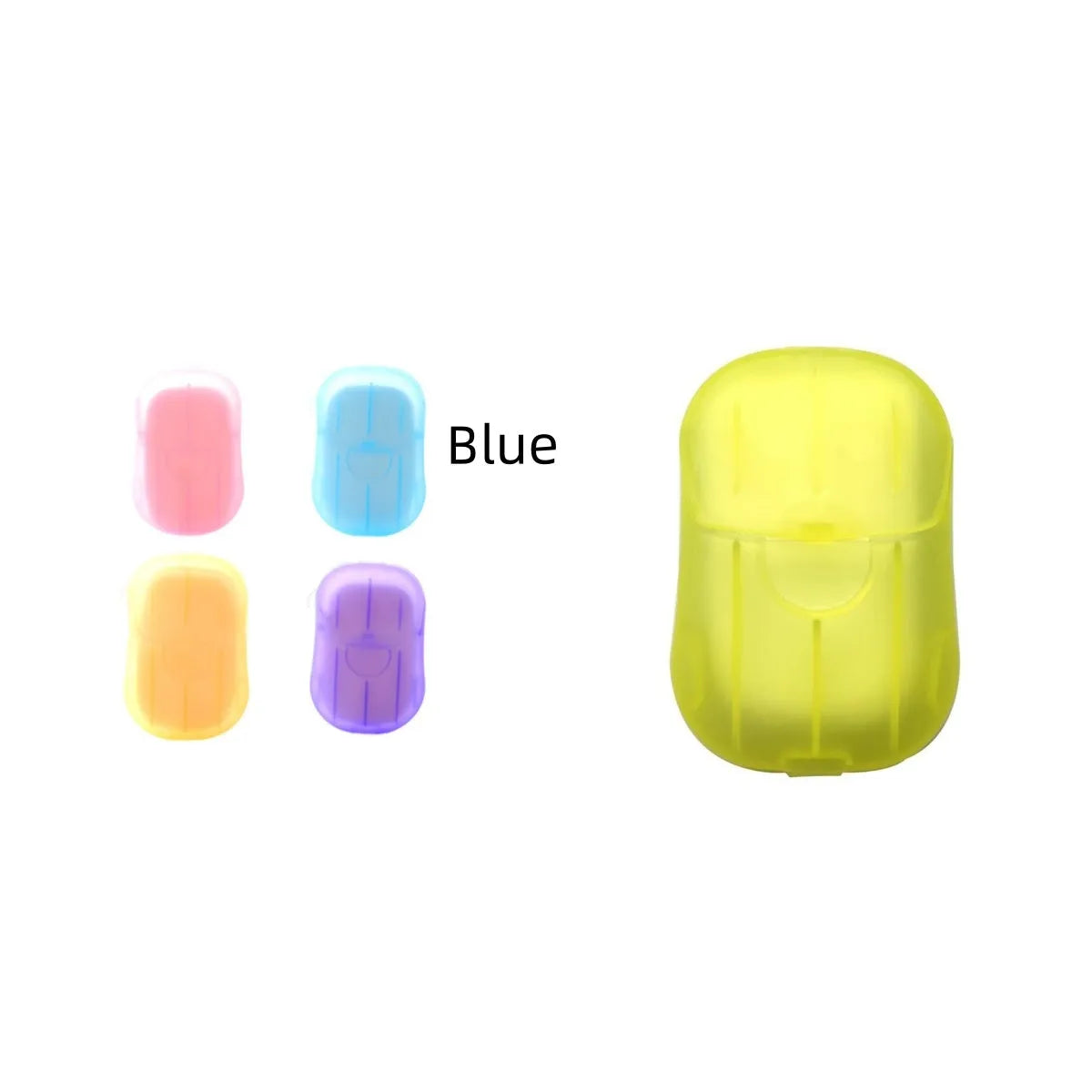 Disposable hand soap paper sheets showing 3.6x5.6cm size and multiple colour options