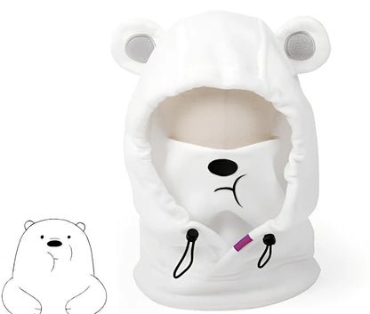 Ski helmet cover with cartoon animal designs including brown bear and white bear patterns for winter sports