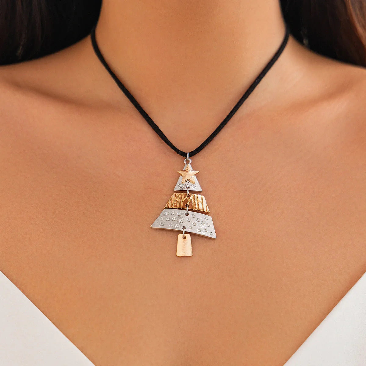 Christmas Tree Necklace and Earrings Set with five-pointed star design in mixed colours