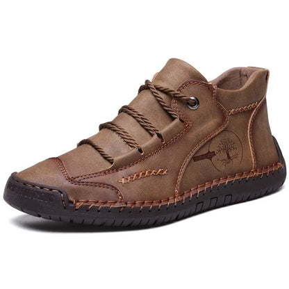Men's brown leather mid-top boots with front lace-up and rubber sole