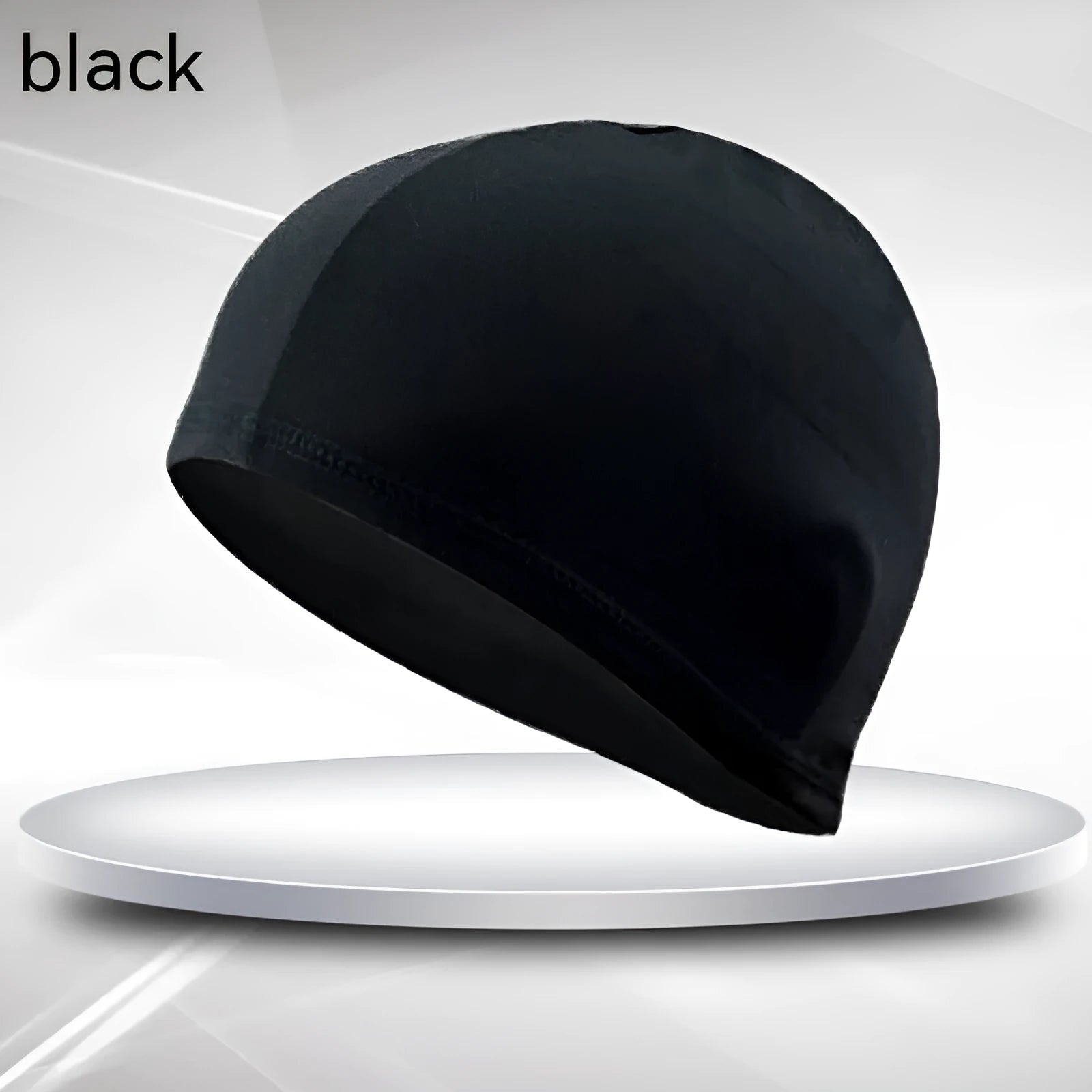 Black polyester unisex adult swimming cap with a single-line design