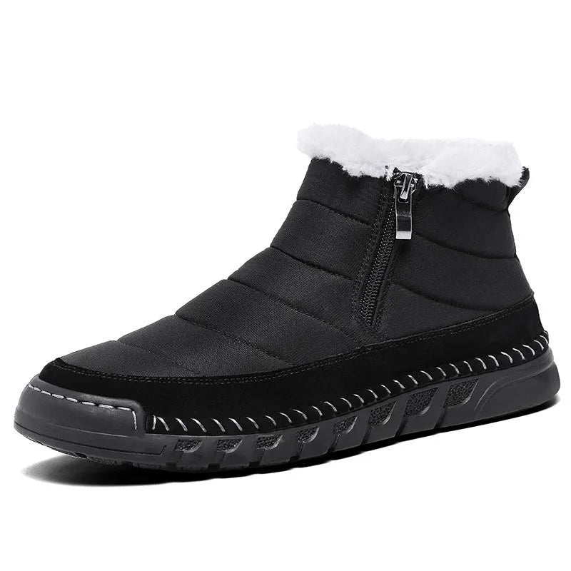 Men's plus size snow boot in black with round toe, flat heel, and rubber sole.