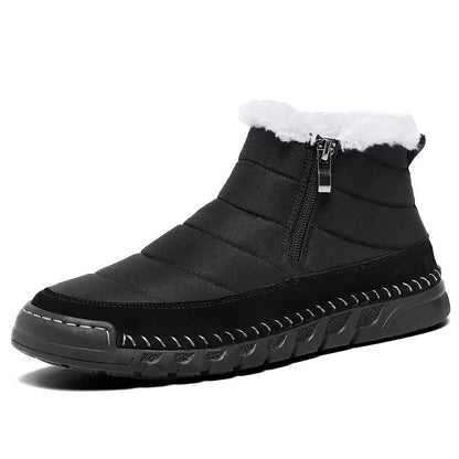 Men's plus size snow boot in black with round toe, flat heel, and rubber sole.