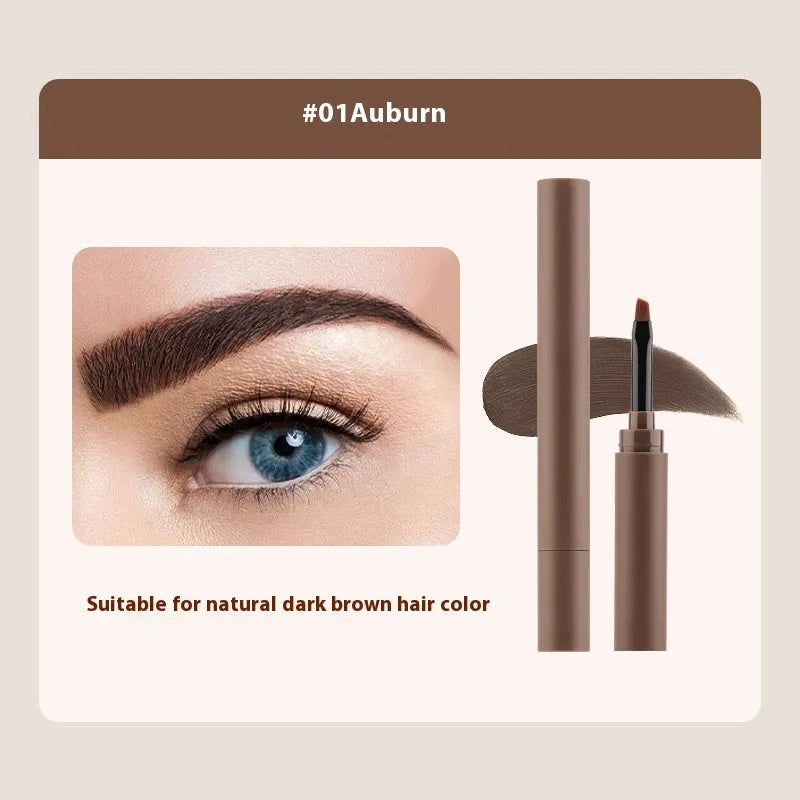 Double-headed eyebrow cream stick showing powder end and spoolie brush, with five colour shade options displayed.