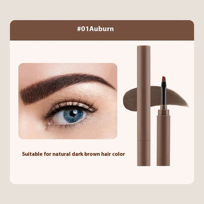 Double-headed eyebrow cream stick showing powder end and spoolie brush, with five colour shade options displayed.