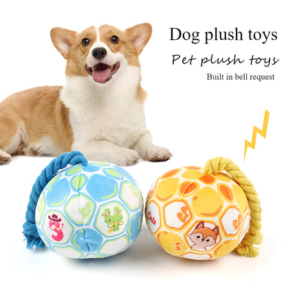 Cotton rope elastic football dog toy in bright cartoon colours for chewing and interactive play
