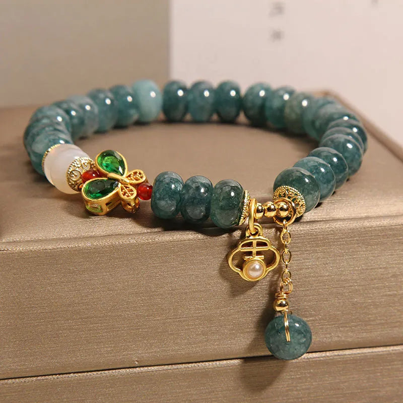 Women's blue water jade abacus bead crystal bracelet with alloy gemstone settings