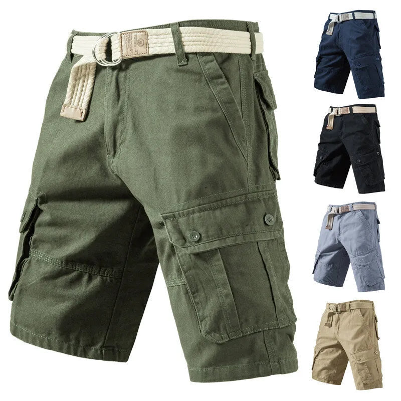 A pair of loose-fit cargo shorts in army green cotton-polyester fabric for summer, shown with multiple pockets.